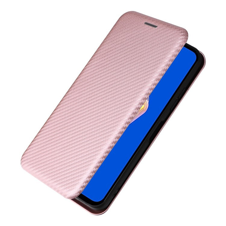 For Asus Zenfone 9 5G PU Leather Carbon Fiber Texture Phone Stand Case Card Slot Design Auto-absorbed Magnetic Protective Cover - Rose Gold