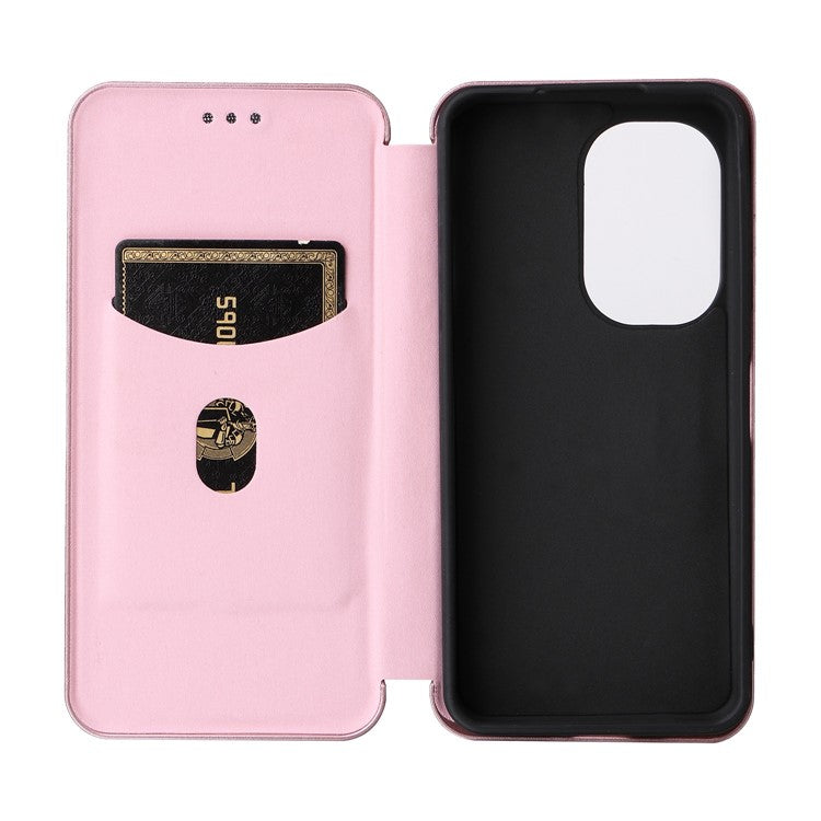 For Asus Zenfone 9 5G PU Leather Carbon Fiber Texture Phone Stand Case Card Slot Design Auto-absorbed Magnetic Protective Cover - Rose Gold