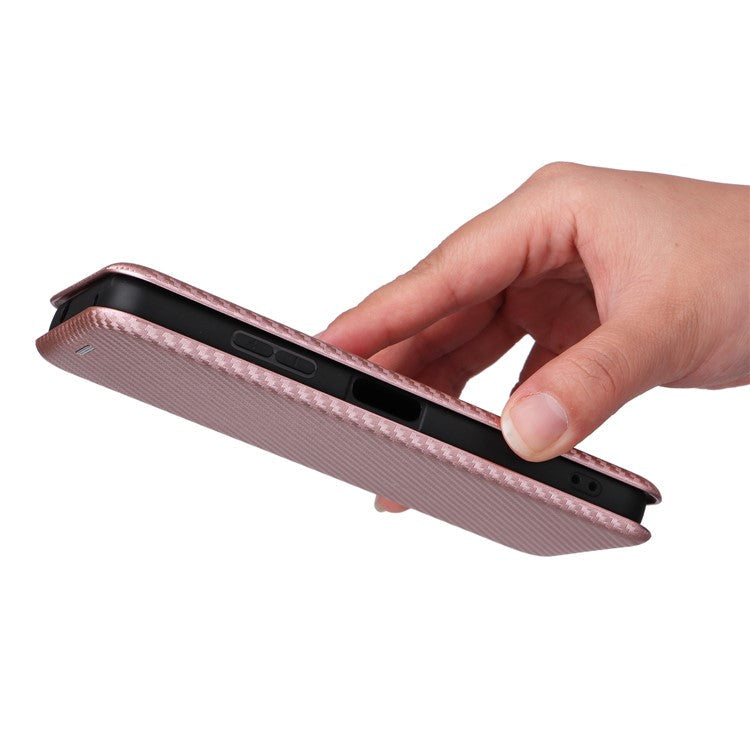 For Asus Zenfone 9 5G PU Leather Carbon Fiber Texture Phone Stand Case Card Slot Design Auto-absorbed Magnetic Protective Cover - Rose Gold