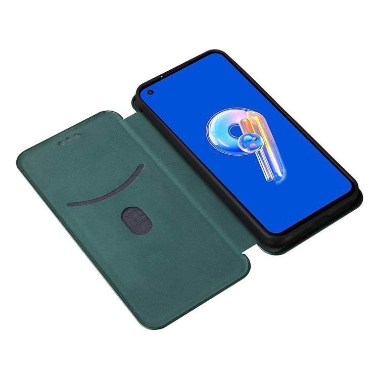 For Asus Zenfone 9 5G PU Leather Carbon Fiber Texture Phone Stand Case Card Slot Design Auto-absorbed Magnetic Protective Cover - Green
