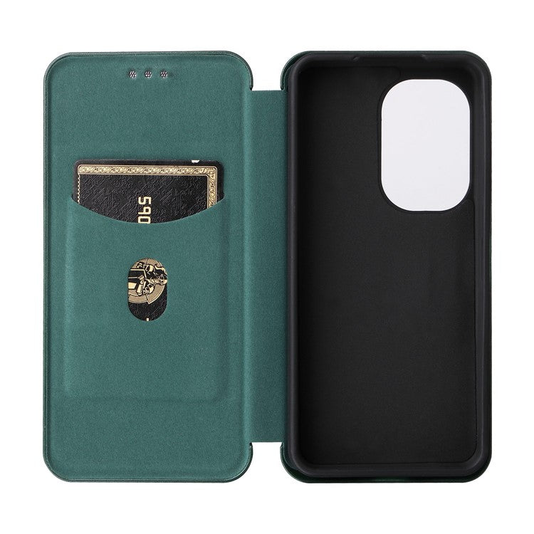 For Asus Zenfone 9 5G PU Leather Carbon Fiber Texture Phone Stand Case Card Slot Design Auto-absorbed Magnetic Protective Cover - Green