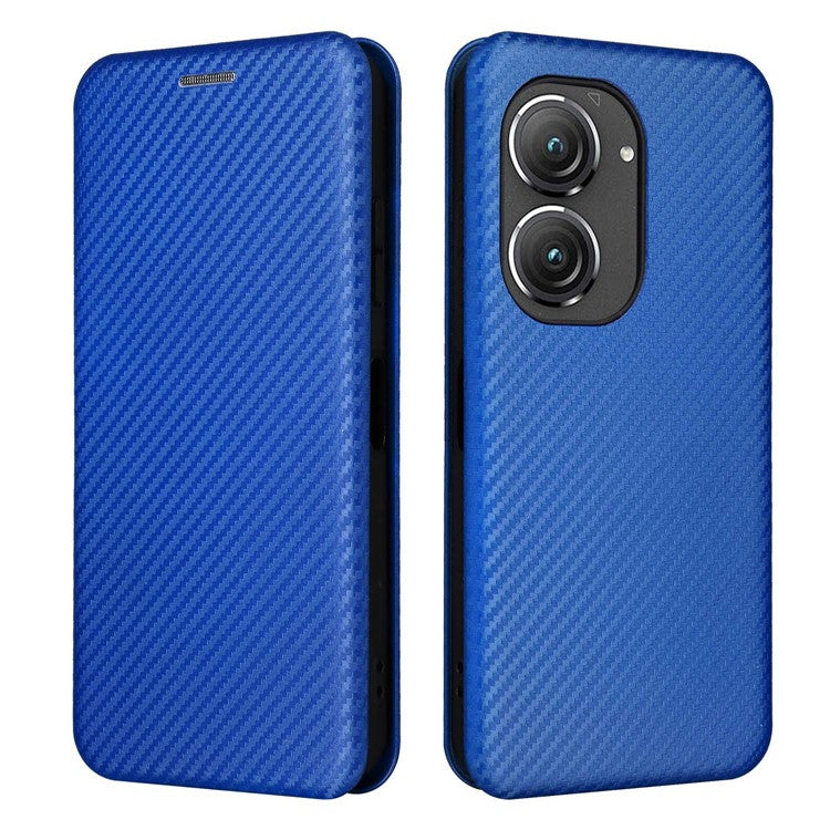 For Asus Zenfone 9 5G PU Leather Carbon Fiber Texture Phone Stand Case Card Slot Design Auto-absorbed Magnetic Protective Cover - Blue