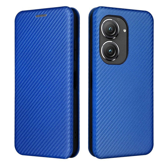 For Asus Zenfone 9 5G PU Leather Carbon Fiber Texture Phone Stand Case Card Slot Design Auto-absorbed Magnetic Protective Cover - Blue