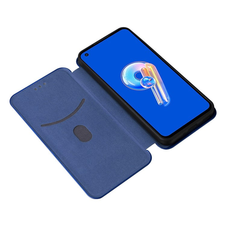 For Asus Zenfone 9 5G PU Leather Carbon Fiber Texture Phone Stand Case Card Slot Design Auto-absorbed Magnetic Protective Cover - Blue