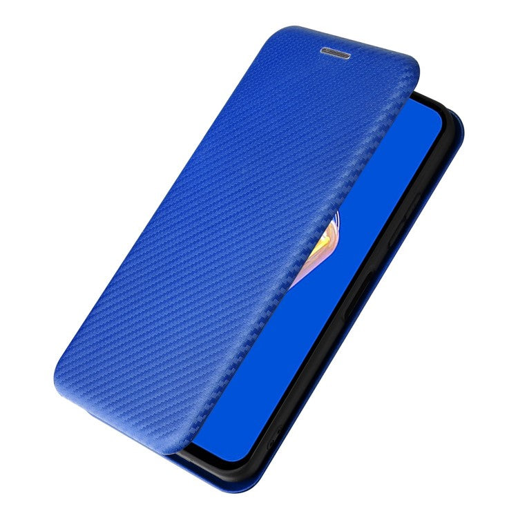 For Asus Zenfone 9 5G PU Leather Carbon Fiber Texture Phone Stand Case Card Slot Design Auto-absorbed Magnetic Protective Cover - Blue