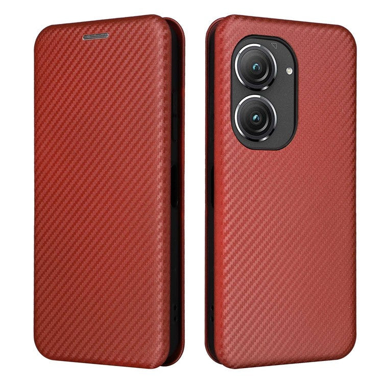 For Asus Zenfone 9 5G PU Leather Carbon Fiber Texture Phone Stand Case Card Slot Design Auto-absorbed Magnetic Protective Cover - Brown