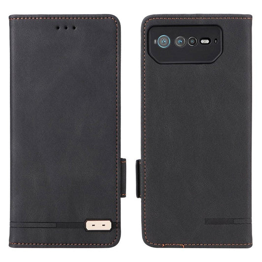 Hardware Decor Phone Case for Asus ROG Phone 6 5G, Dual Magnetic Clasp PU Leather Anti-drop Wallet Stand Shell - Black