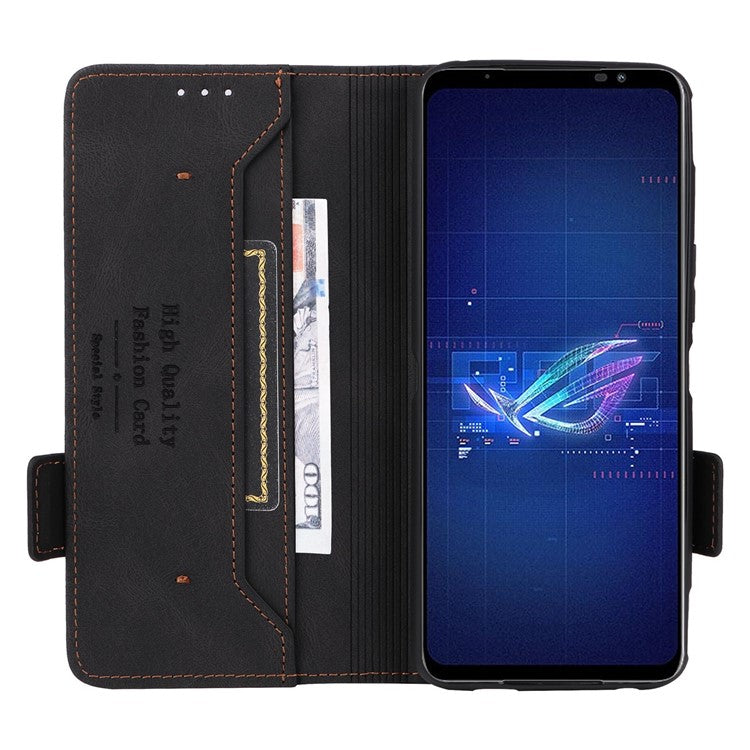 Hardware Decor Phone Case for Asus ROG Phone 6 5G, Dual Magnetic Clasp PU Leather Anti-drop Wallet Stand Shell - Black