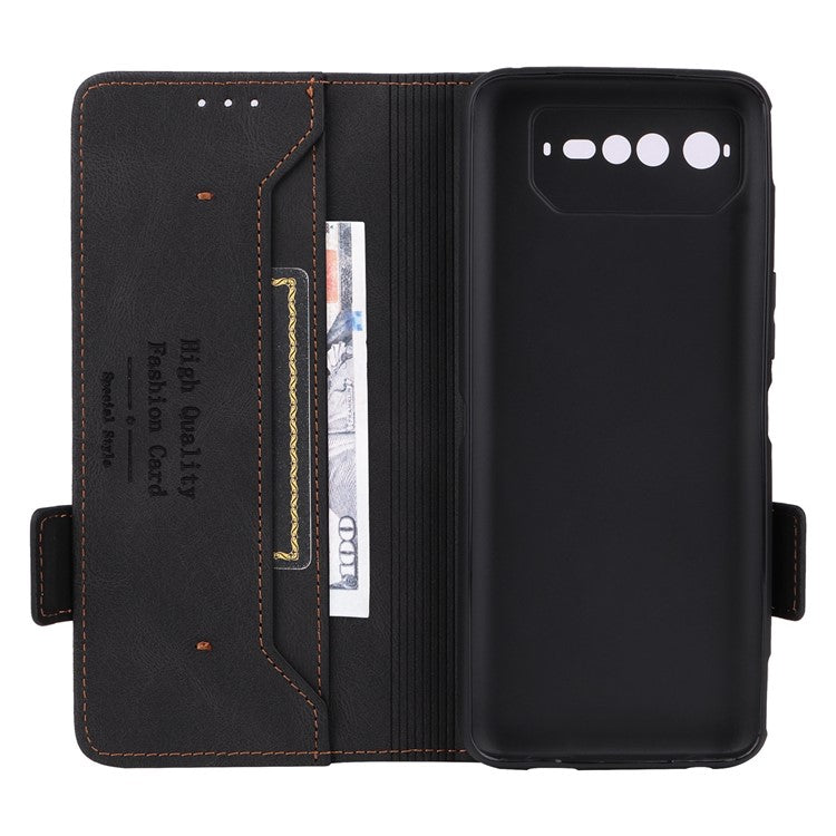 Hardware Decor Phone Case for Asus ROG Phone 6 5G, Dual Magnetic Clasp PU Leather Anti-drop Wallet Stand Shell - Black