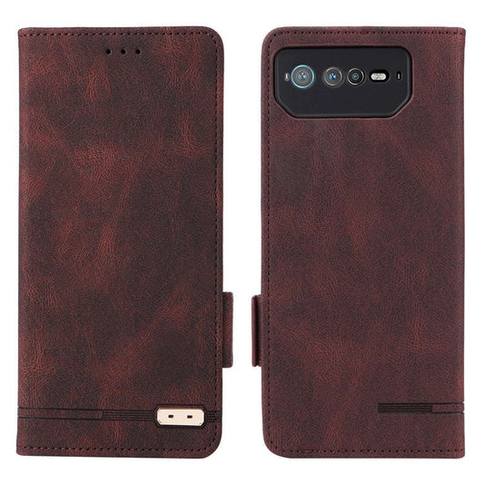 Hardware Decor Phone Case for Asus ROG Phone 6 5G, Dual Magnetic Clasp PU Leather Anti-drop Wallet Stand Shell - Coffee