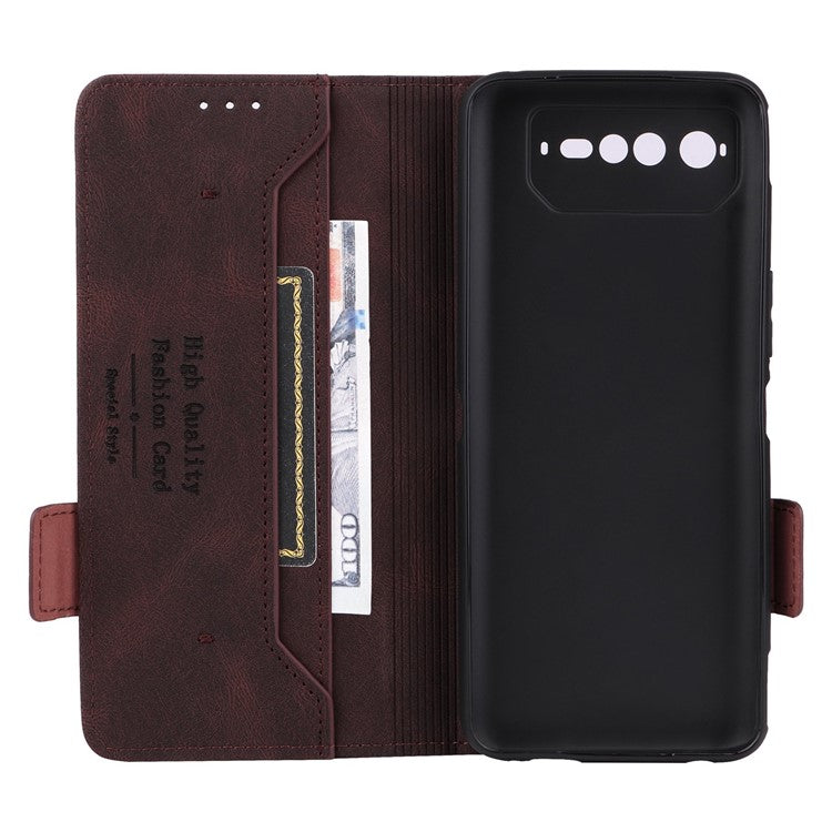 Hardware Decor Phone Case for Asus ROG Phone 6 5G, Dual Magnetic Clasp PU Leather Anti-drop Wallet Stand Shell - Coffee