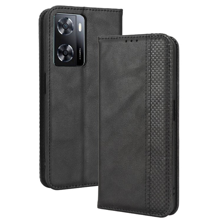 Phone Flip Wallet Case For Oppo A57 4G / A57s 4G / A57 (CPH2387) (Taiwan Version) Magnetic Auto Closing Retro Imprint Pattern PU Leather Phone Cover Stand - Black