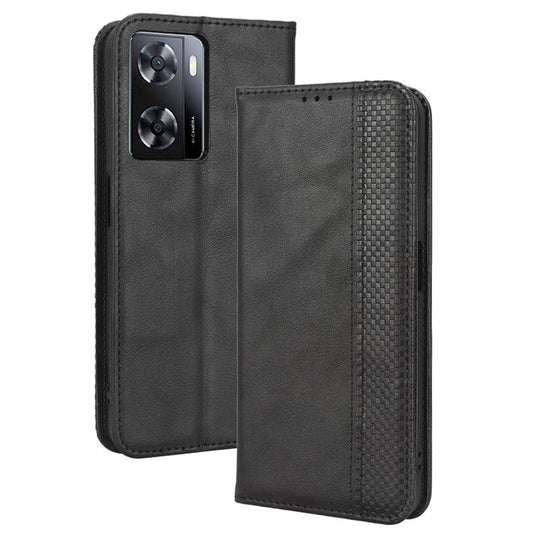 Phone Flip Wallet Case For Oppo A57 4G / A57s 4G / A57 (CPH2387) (Taiwan Version) Magnetic Auto Closing Retro Imprint Pattern PU Leather Phone Cover Stand - Black