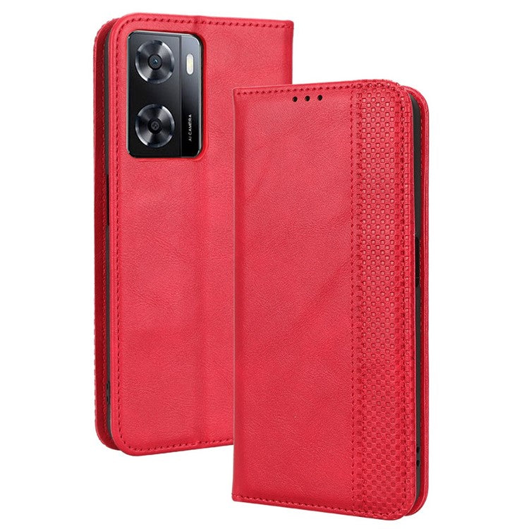 Phone Flip Wallet Case For Oppo A57 4G / A57s 4G / A57 (CPH2387) (Taiwan Version) Magnetic Auto Closing Retro Imprint Pattern PU Leather Phone Cover Stand - Red