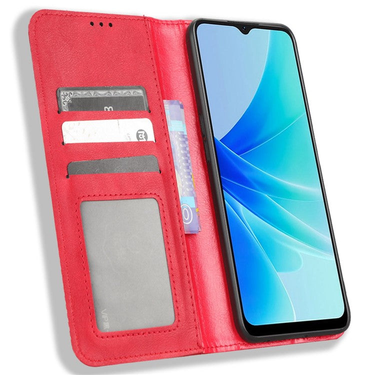 Phone Flip Wallet Case For Oppo A57 4G / A57s 4G / A57 (CPH2387) (Taiwan Version) Magnetic Auto Closing Retro Imprint Pattern PU Leather Phone Cover Stand - Red