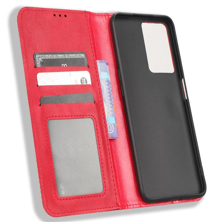 Phone Flip Wallet Case For Oppo A57 4G / A57s 4G / A57 (CPH2387) (Taiwan Version) Magnetic Auto Closing Retro Imprint Pattern PU Leather Phone Cover Stand - Red