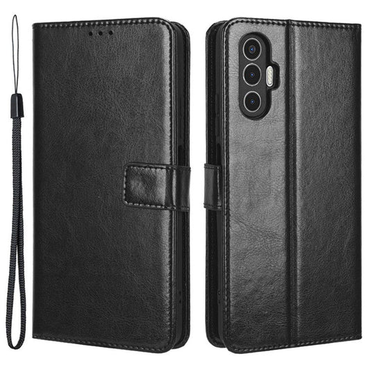 For TECNO Pova 3 4G Shockproof Phone Flip Wallet Case Stand Crazy Horse Texture PU Leather Mobile Phone Protective Cover - Black