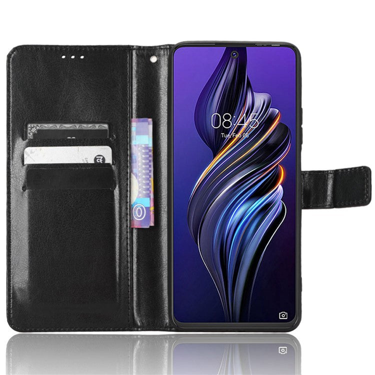 For TECNO Pova 3 4G Shockproof Phone Flip Wallet Case Stand Crazy Horse Texture PU Leather Mobile Phone Protective Cover - Black