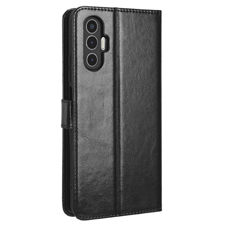 For TECNO Pova 3 4G Shockproof Phone Flip Wallet Case Stand Crazy Horse Texture PU Leather Mobile Phone Protective Cover - Black