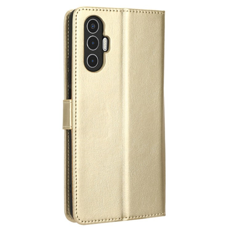For TECNO Pova 3 4G Shockproof Phone Flip Wallet Case Stand Crazy Horse Texture PU Leather Mobile Phone Protective Cover - Gold