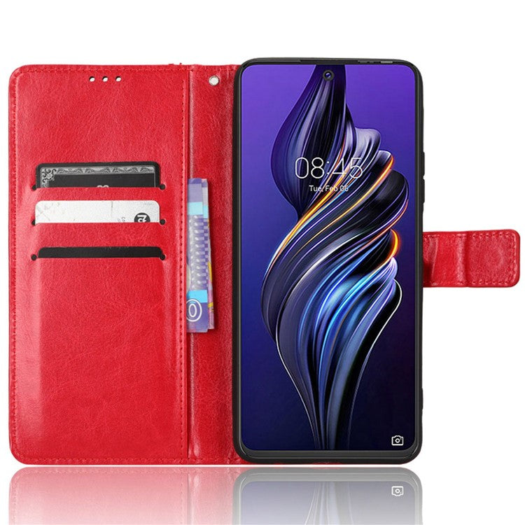 For TECNO Pova 3 4G Shockproof Phone Flip Wallet Case Stand Crazy Horse Texture PU Leather Mobile Phone Protective Cover - Red