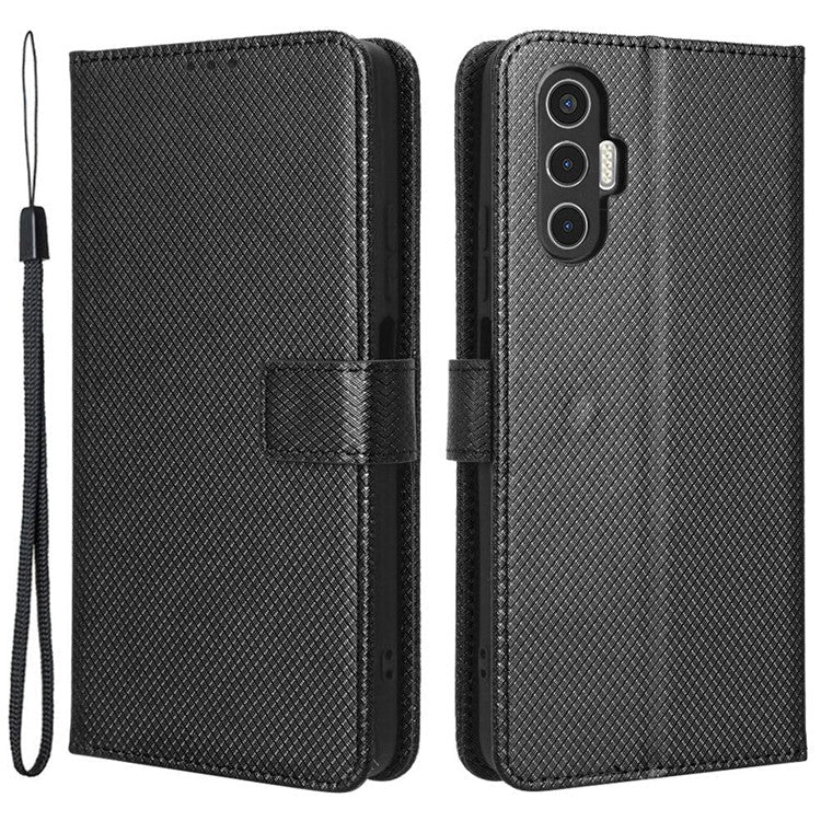 For TECNO Pova 3 4G Diamond Texture Protective Phone Shell Magnetic Clasp PU Leather Stand Scratch-Resistant Phone Wallet Case - Black