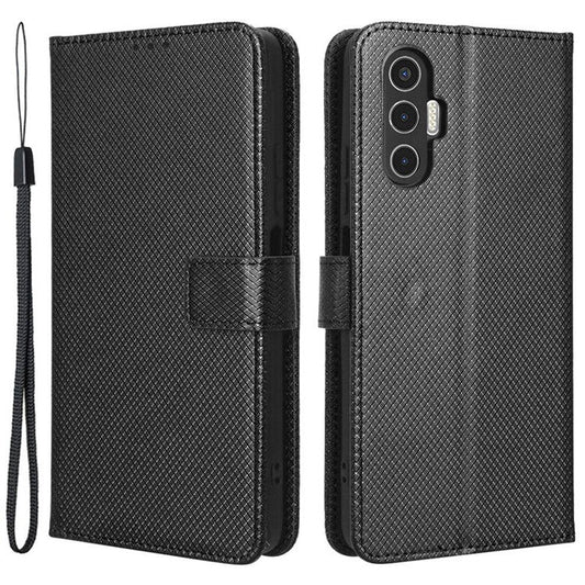 For TECNO Pova 3 4G Diamond Texture Protective Phone Shell Magnetic Clasp PU Leather Stand Scratch-Resistant Phone Wallet Case - Black