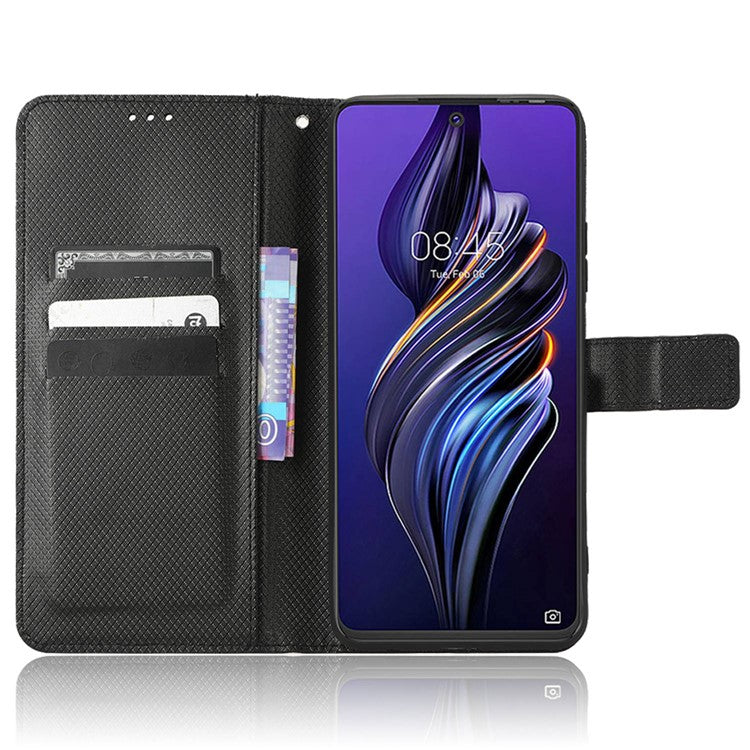 For TECNO Pova 3 4G Diamond Texture Protective Phone Shell Magnetic Clasp PU Leather Stand Scratch-Resistant Phone Wallet Case - Black