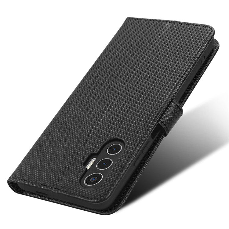 For TECNO Pova 3 4G Diamond Texture Protective Phone Shell Magnetic Clasp PU Leather Stand Scratch-Resistant Phone Wallet Case - Black