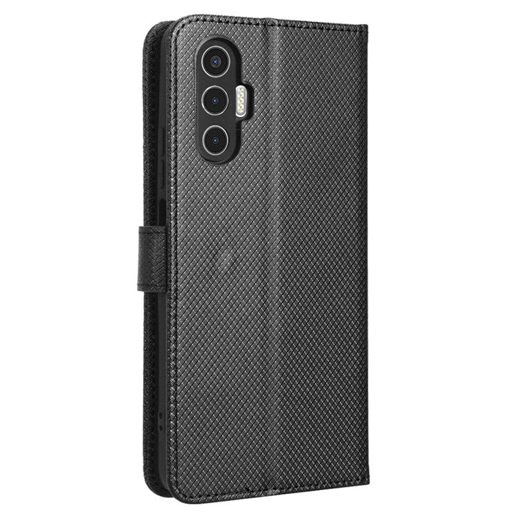 For TECNO Pova 3 4G Diamond Texture Protective Phone Shell Magnetic Clasp PU Leather Stand Scratch-Resistant Phone Wallet Case - Black