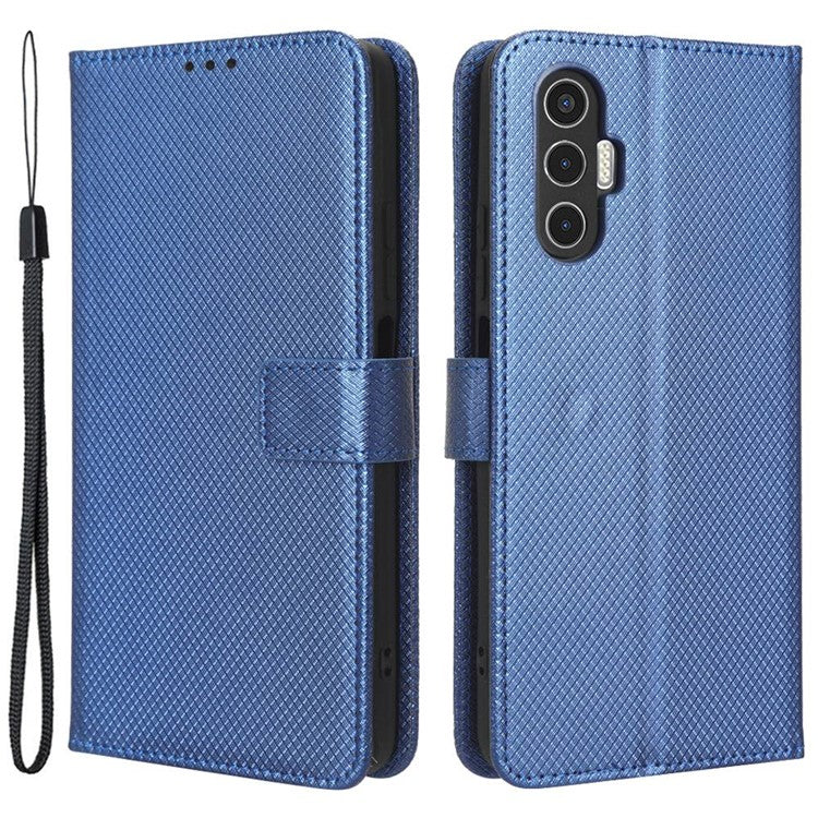 For TECNO Pova 3 4G Diamond Texture Protective Phone Shell Magnetic Clasp PU Leather Stand Scratch-Resistant Phone Wallet Case - Blue