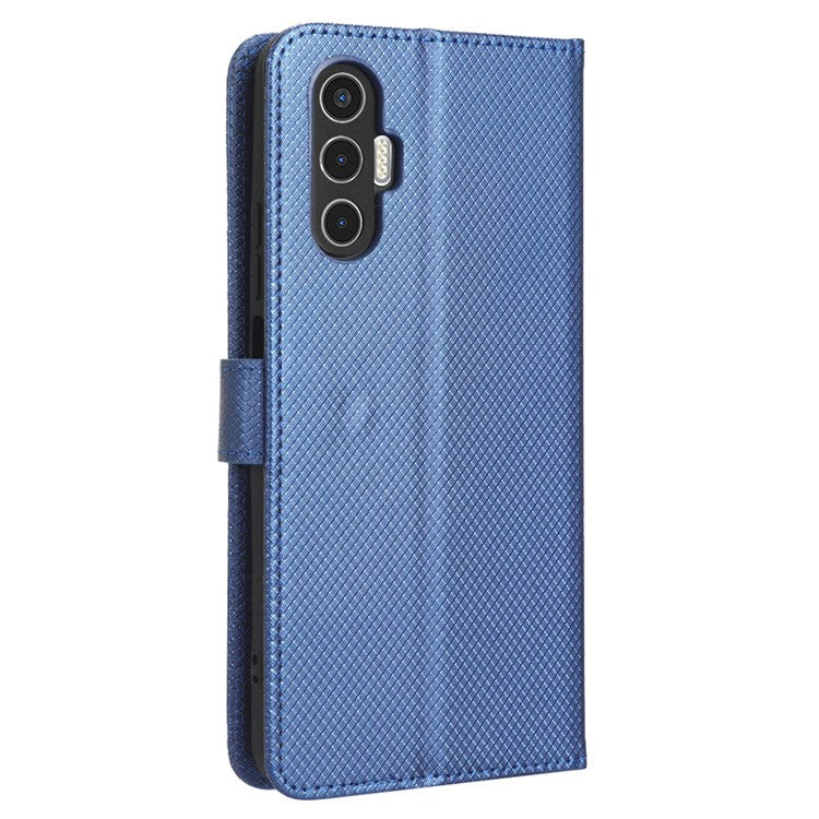 For TECNO Pova 3 4G Diamond Texture Protective Phone Shell Magnetic Clasp PU Leather Stand Scratch-Resistant Phone Wallet Case - Blue