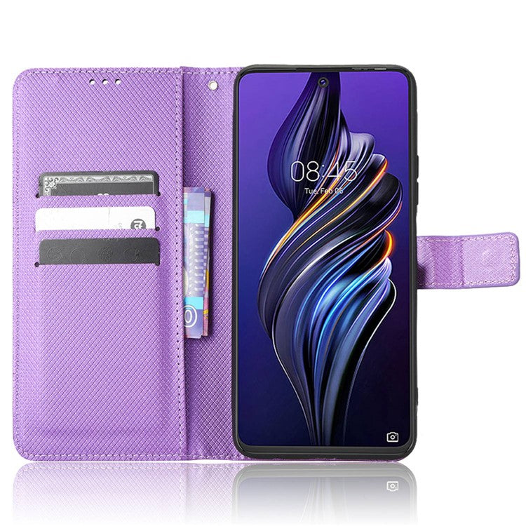For TECNO Pova 3 4G Diamond Texture Protective Phone Shell Magnetic Clasp PU Leather Stand Scratch-Resistant Phone Wallet Case - Purple