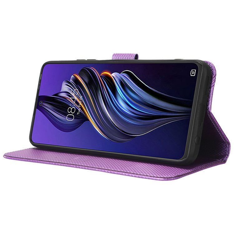 For TECNO Pova 3 4G Diamond Texture Protective Phone Shell Magnetic Clasp PU Leather Stand Scratch-Resistant Phone Wallet Case - Purple