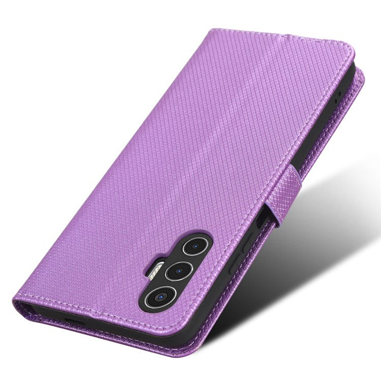 For TECNO Pova 3 4G Diamond Texture Protective Phone Shell Magnetic Clasp PU Leather Stand Scratch-Resistant Phone Wallet Case - Purple
