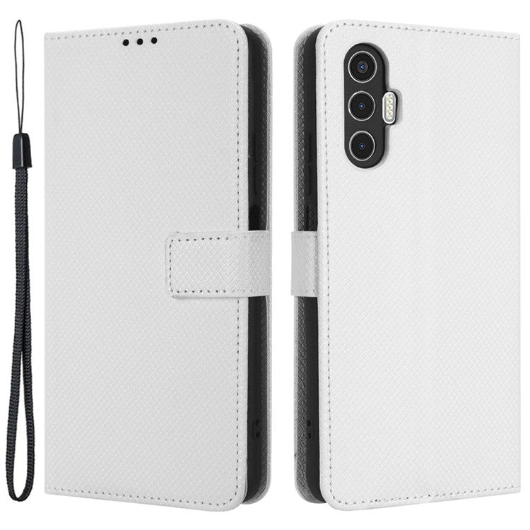 For TECNO Pova 3 4G Diamond Texture Protective Phone Shell Magnetic Clasp PU Leather Stand Scratch-Resistant Phone Wallet Case - White