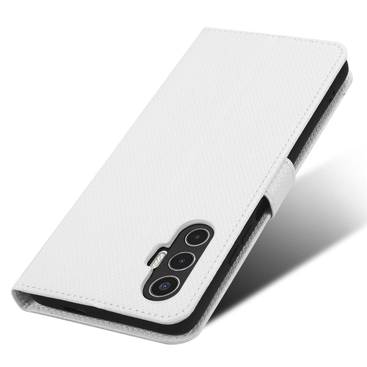 For TECNO Pova 3 4G Diamond Texture Protective Phone Shell Magnetic Clasp PU Leather Stand Scratch-Resistant Phone Wallet Case - White