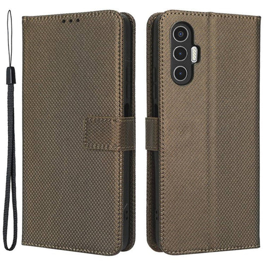 For TECNO Pova 3 4G Diamond Texture Protective Phone Shell Magnetic Clasp PU Leather Stand Scratch-Resistant Phone Wallet Case - Brown