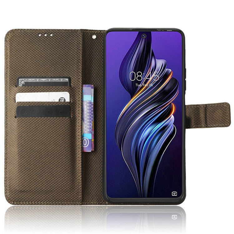 For TECNO Pova 3 4G Diamond Texture Protective Phone Shell Magnetic Clasp PU Leather Stand Scratch-Resistant Phone Wallet Case - Brown
