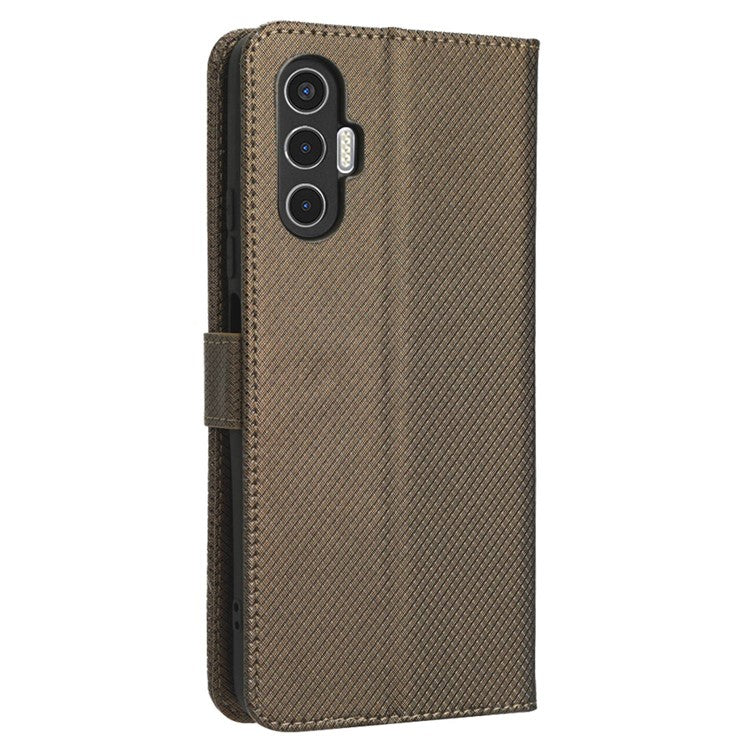 For TECNO Pova 3 4G Diamond Texture Protective Phone Shell Magnetic Clasp PU Leather Stand Scratch-Resistant Phone Wallet Case - Brown