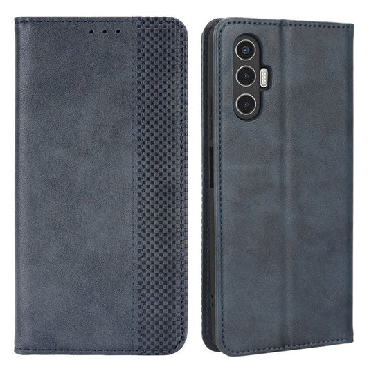 For TECNO Pova 3 4G Magnetic Auto Closing Retro Imprint Pattern Scratch Proof PU Leather Wallet Case Phone Stand Shell Cover - Blue