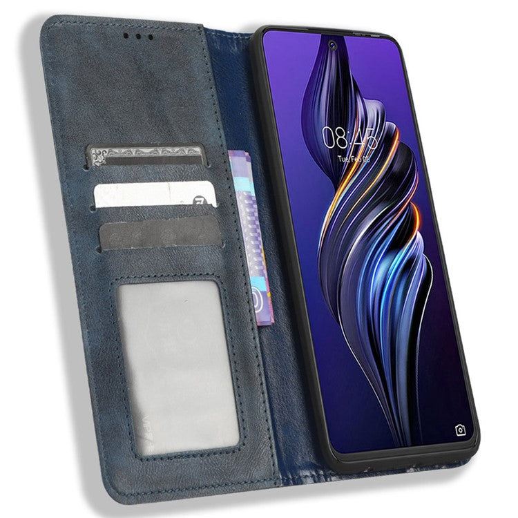 For TECNO Pova 3 4G Magnetic Auto Closing Retro Imprint Pattern Scratch Proof PU Leather Wallet Case Phone Stand Shell Cover - Blue
