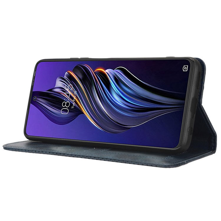 For TECNO Pova 3 4G Magnetic Auto Closing Retro Imprint Pattern Scratch Proof PU Leather Wallet Case Phone Stand Shell Cover - Blue