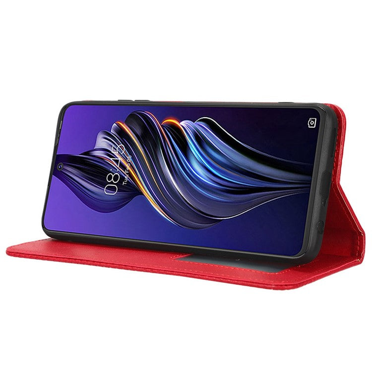 For TECNO Pova 3 4G Magnetic Auto Closing Retro Imprint Pattern Scratch Proof PU Leather Wallet Case Phone Stand Shell Cover - Red