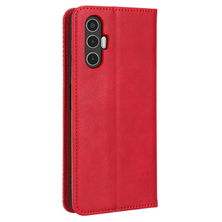 For TECNO Pova 3 4G Magnetic Auto Closing Retro Imprint Pattern Scratch Proof PU Leather Wallet Case Phone Stand Shell Cover - Red