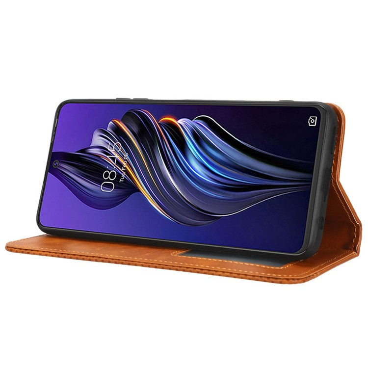 For TECNO Pova 3 4G Magnetic Auto Closing Retro Imprint Pattern Scratch Proof PU Leather Wallet Case Phone Stand Shell Cover - Brown