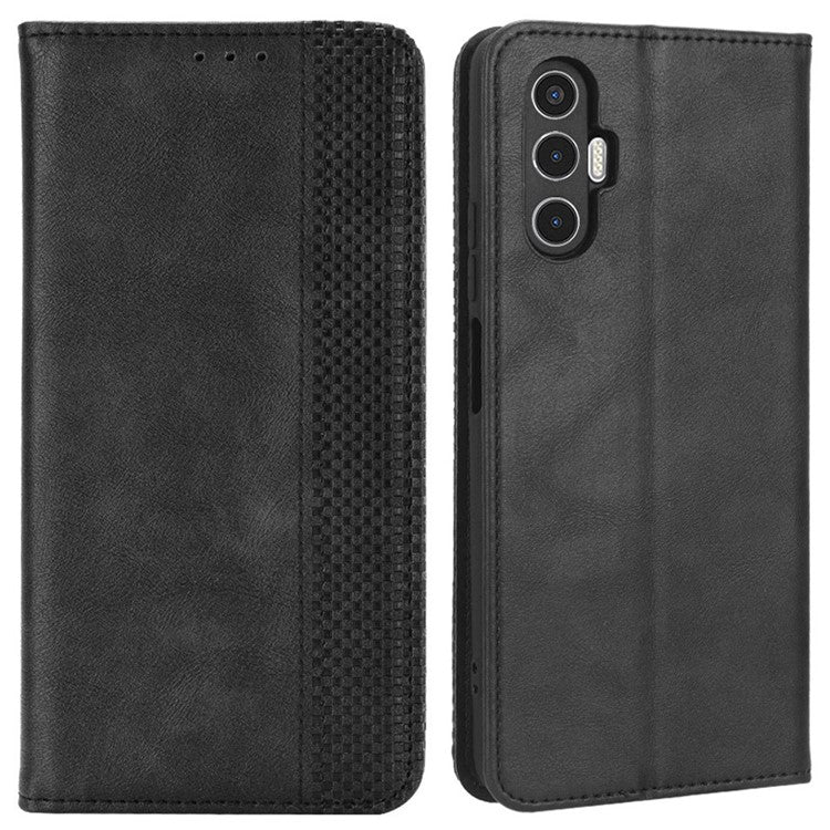 For TECNO Pova 3 4G Magnetic Auto Closing Retro Imprint Pattern Scratch Proof PU Leather Wallet Case Phone Stand Shell Cover - Black