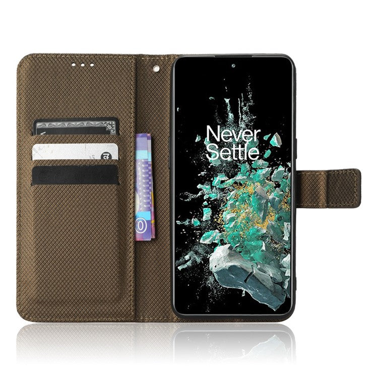 For OnePlus 10T 5G / Ace Pro 5G Diamond Texture Collision Resistant Phone Shell Magnetic Clasp PU Leather Stand Wallet Case with Wrist Strap - Brown