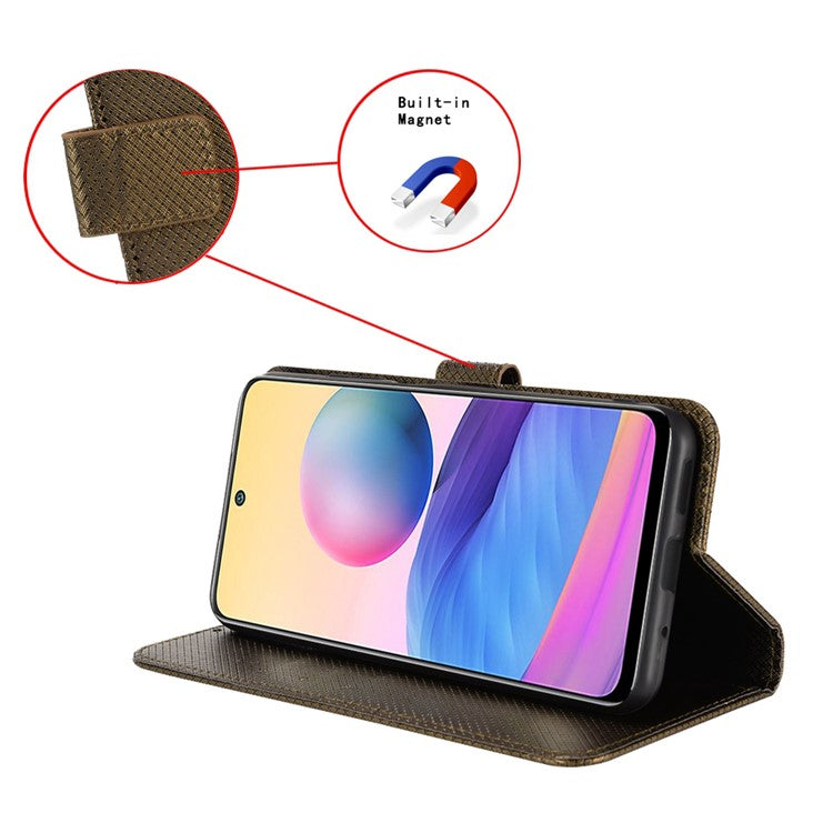 For OnePlus 10T 5G / Ace Pro 5G Diamond Texture Collision Resistant Phone Shell Magnetic Clasp PU Leather Stand Wallet Case with Wrist Strap - Brown