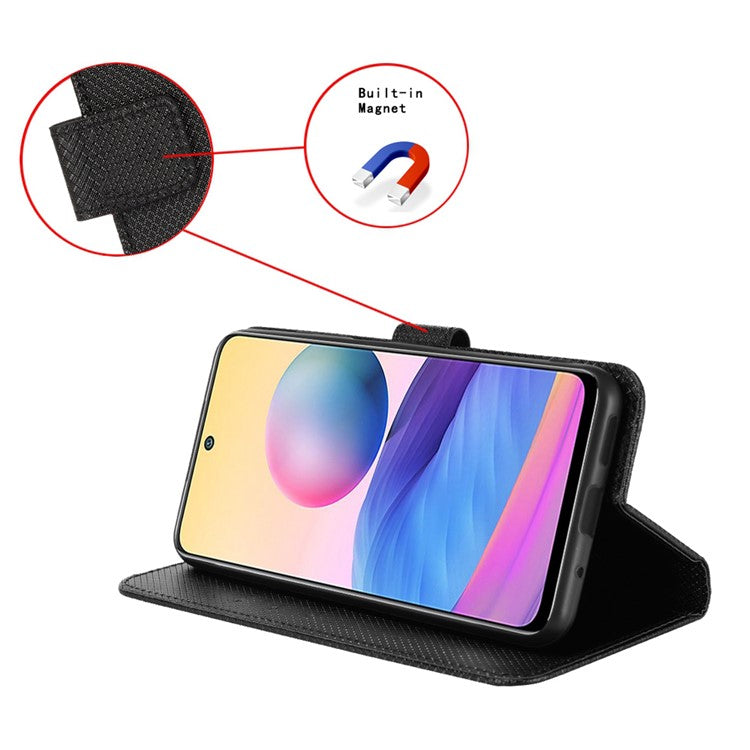 For OnePlus 10T 5G / Ace Pro 5G Diamond Texture Collision Resistant Phone Shell Magnetic Clasp PU Leather Stand Wallet Case with Wrist Strap - Black